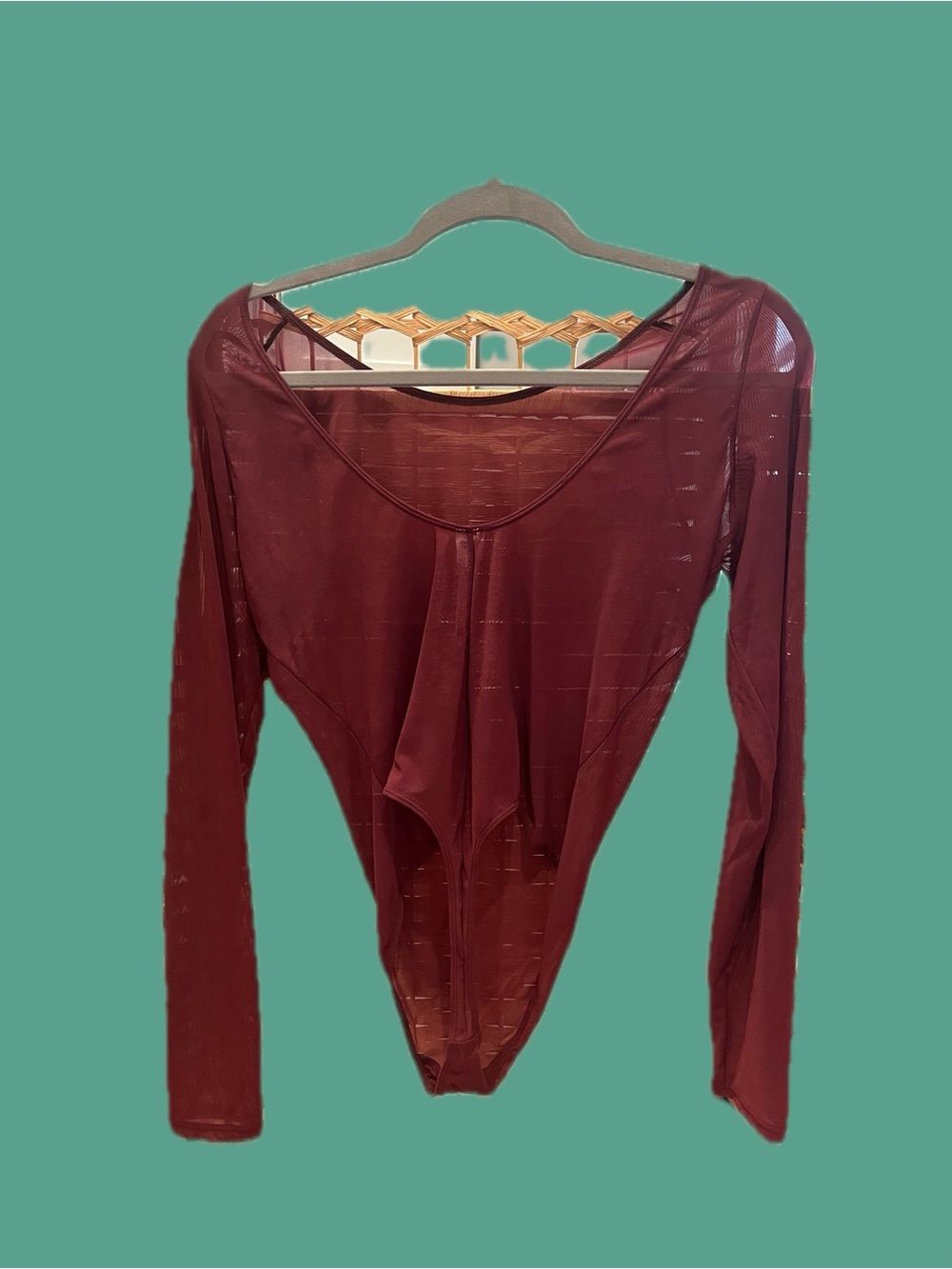 Parade Size Large Sheer Long-Sleeve Thong Bodysuit - Burgundy